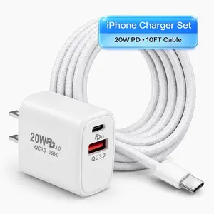 iPhone Charger Set, 10FT Braided Cable & 20W Dual Port USB & USB-C PD Fast Charging Adapter for iPhone 17/16/15/14/13/12/11/XR/XS Max/8/7/6/5, iPad & AirPods