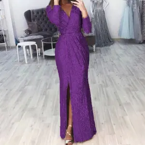 Women’s purple sexy long-sleeve sparkly maxi dress with V-neck and high slit, wrap formal gown/cocktail dress, glitter maxi long dresses, womenswear, workwear, basic minimalist