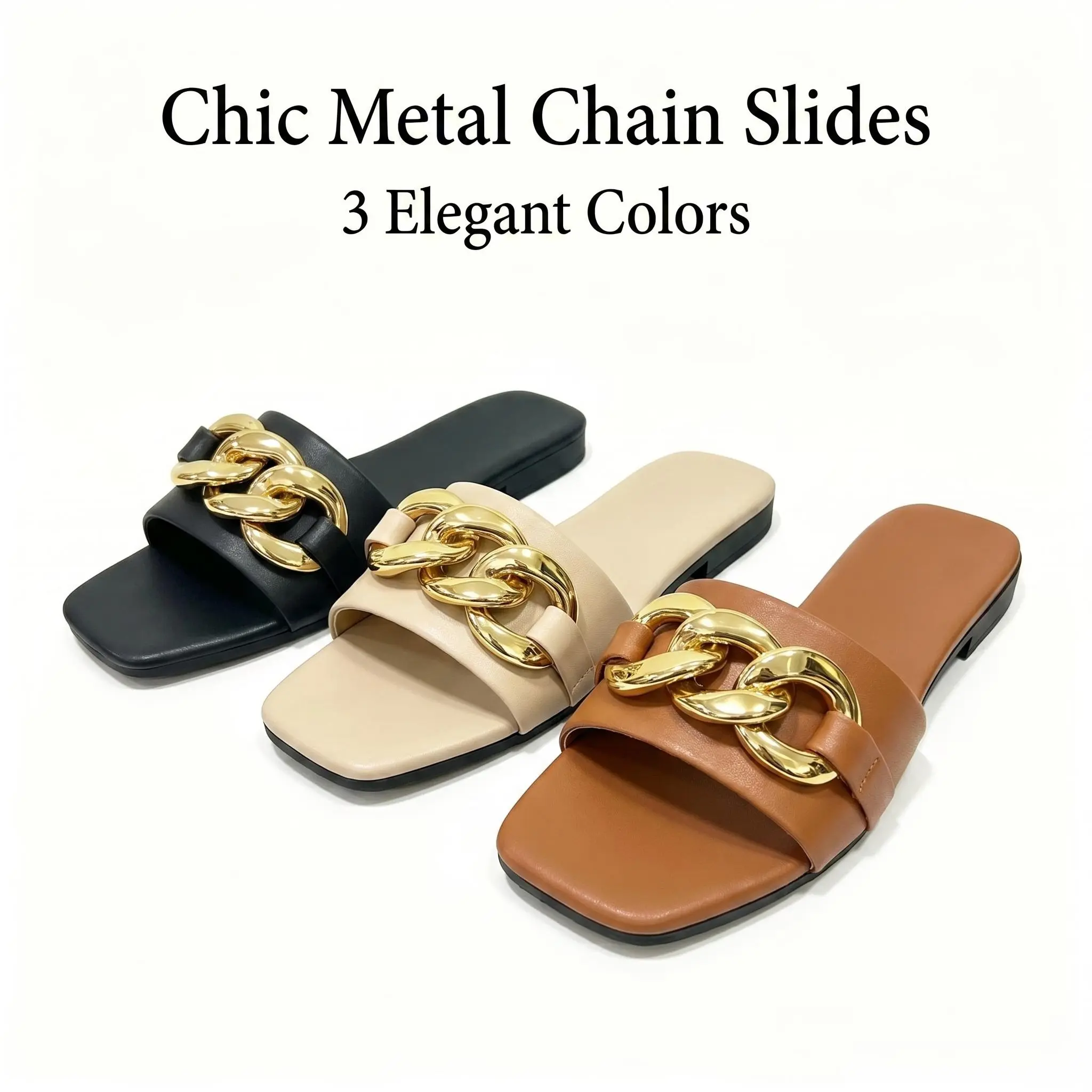 Women's Square Toe Chain Slide Sandals, Soft PU Leather Flat Slides, Fashion Chunky Gold Chain Open Toe Slip On Summer Sandals for Daily Casual Wear,  Available