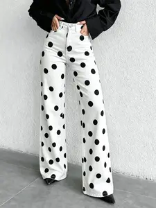 Spring Summer New High-Waisted Elastic Women's Jeans Bottom, Casual Wide Leg Pants, Polka Dot Design, Fitted Long Regular Fit