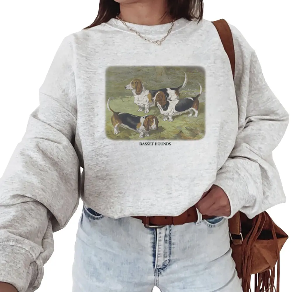 Women's Casual Sweatshirt, Vintage Basset Hound Graphic Top, Round Neck Cotton Blend Fabric Pullover