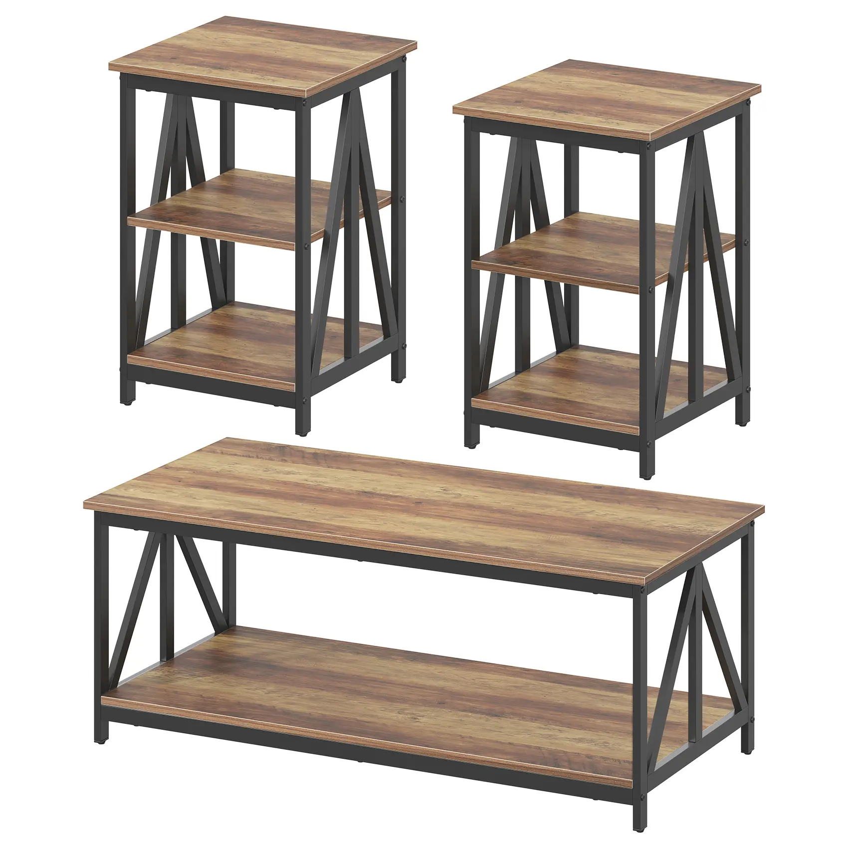 Living Room Coffee Table Set of 3, Industrial Triangular-Design Coffee Table and 2 End Side Tables, 3 Piece Living Room Table Set with Large Storage for Apartment Home (Rustic Brown)/ (Marble White)