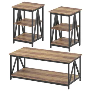 Living Room Coffee Table Set of 3, Industrial Triangular-Design Coffee Table and 2 End Side Tables, 3 Piece Living Room Table Set with Large Storage for Apartment Home (Rustic Brown)/ (Marble White)