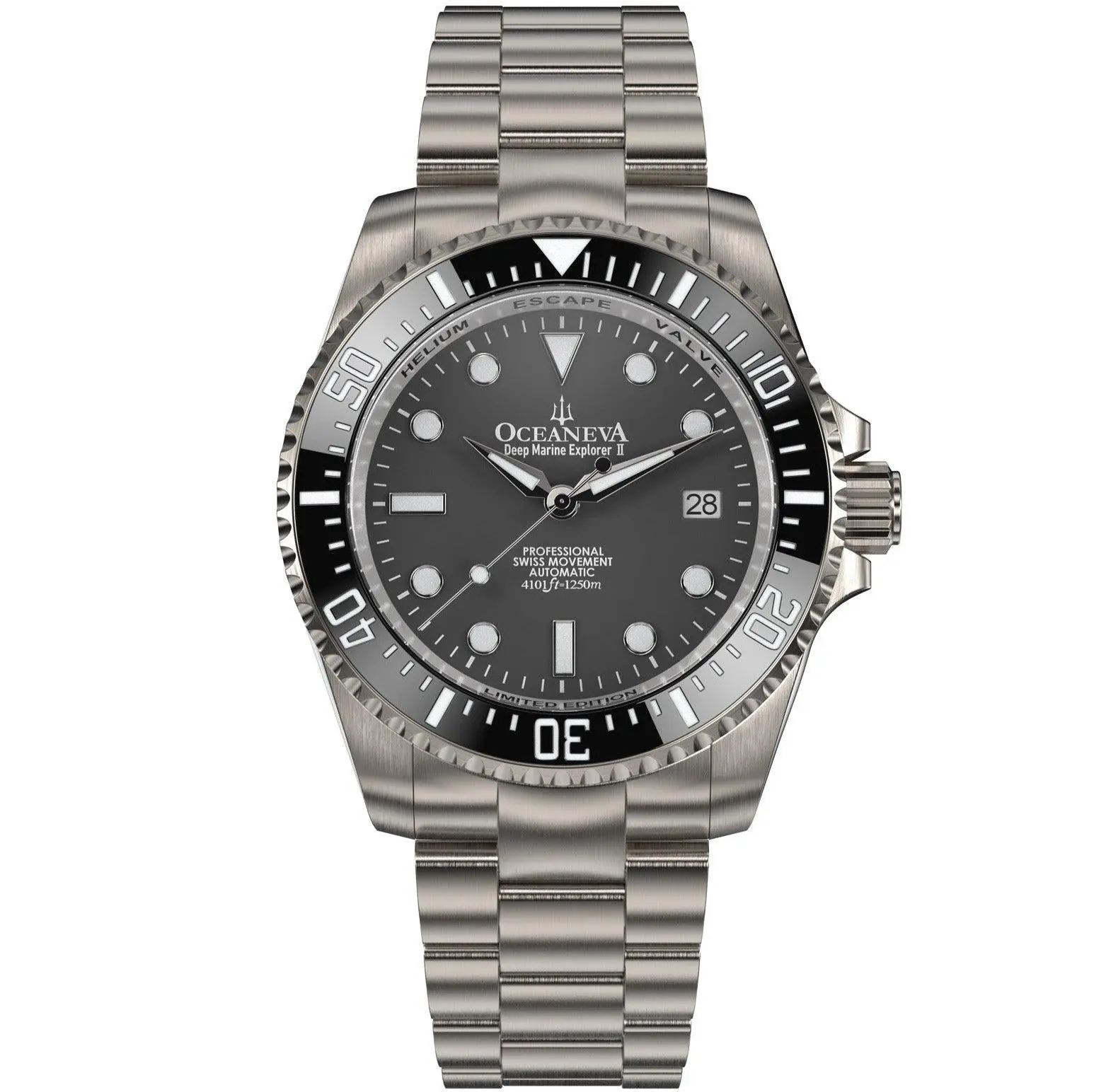 Oceaneva Men's Deep Marine Explorer II 1250M Pro Diver Watch Gun Metal  Gray Dial Swiss Made Sellita SW200-1 Movement 316L Stainless Steel Case Water Resistant 1250M