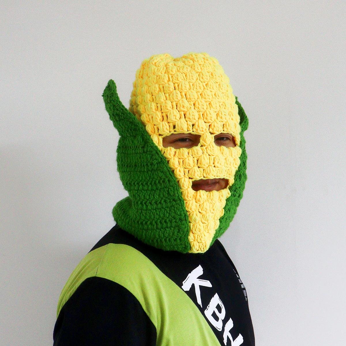 Handmade Crochet Corn Balaclava with Leaves, Funny Vegetable Ski Mask for Winter, Novelty Yellow Full Face Beanie, Y2K Silly Food Meme Hat, Viral Unique Gift for Men & Women