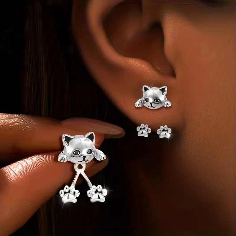pair of pure silver lady cat paw pendant earrings, fashionable and creative, cute and adorable pet-themed