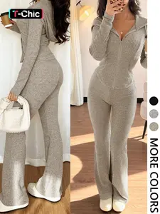 Women's Casual Hooded Fitted Long Sleeve Jacket & Flared Knit Pants Set, Two-Piece with Pockets, Comfortable Fashion for Daily Wear Womenswear