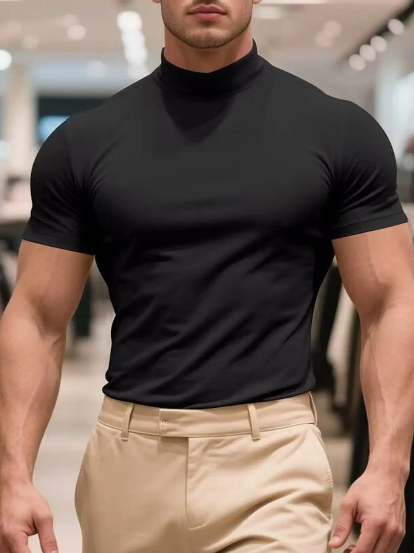 Men's Fashion High Neck Short Sleeve Knit T-Shirt, Slim Fitted Muscle Show, Simple Solid Color Casual Top, Trendy Cross-Border New Style