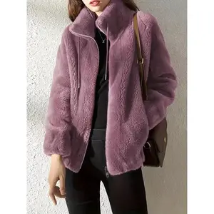 Drawstring jacket women's fur jacket, casual long sleeved zipper warm jacket, soft plush lining, very suitable for daily winter wear