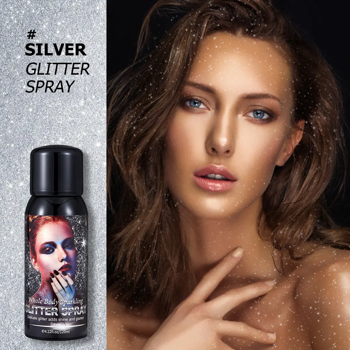 100ML Silver Color Body Glitter Spray, Waterproof Sweat-Resistant, Easy to Clean, Perfect for Parties, Cosplay, Weddings, and More