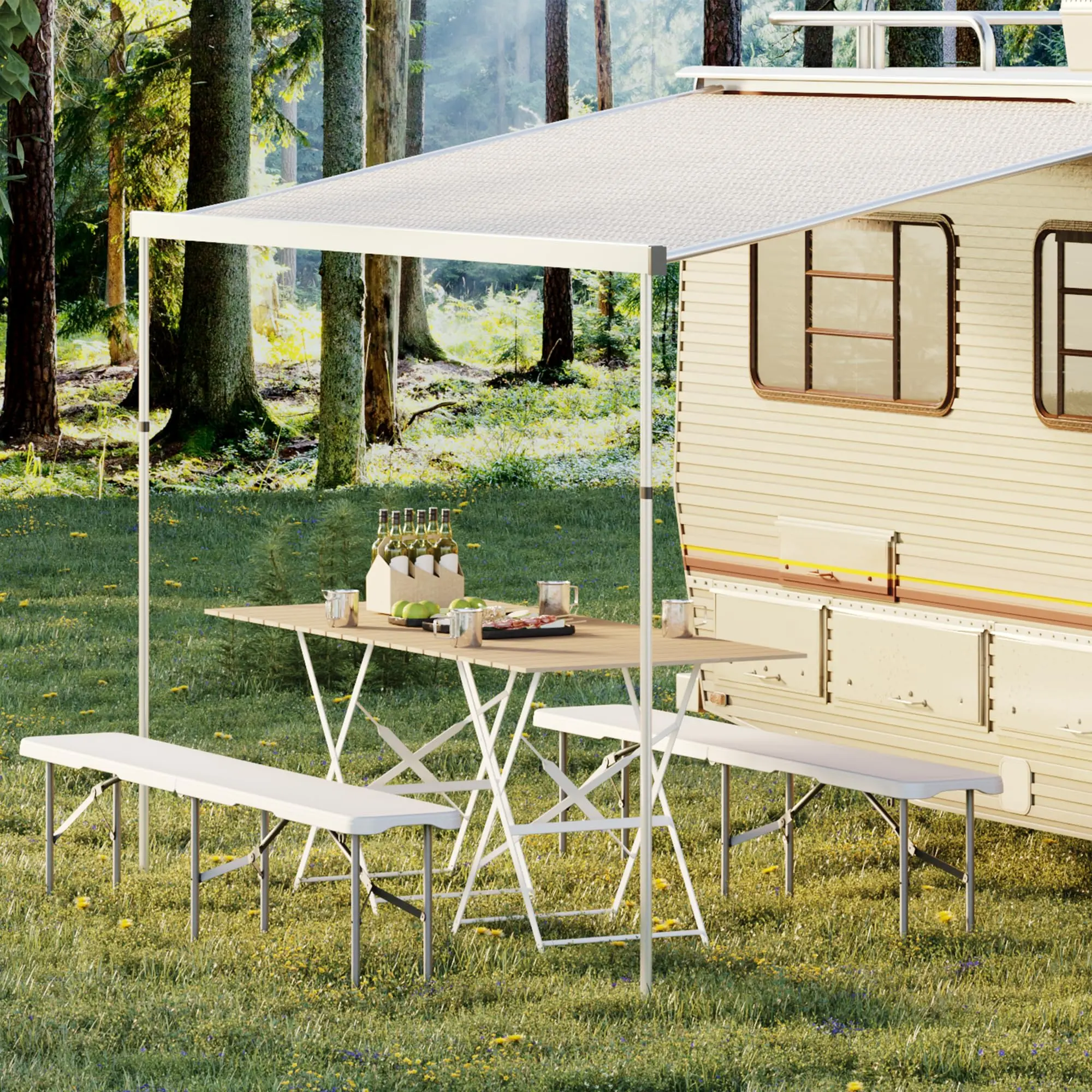 Heavy Duty 6FT Folding Outdoor Benches 2 Pack, Portable HDPE Plastic Long Bench Set with Carrying Handle, Fold in Half Picnic and Camping Seating for Parties, White waterproof sun shade