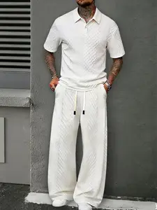 Men's Textured Polo Shirt and Straight Leg Pants Set, Breathable and Structured Fabric, American Casual Style, Perfect for Daily Wear Outfits