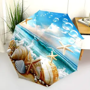 1 PC Automatic Folding Umbrella - Beach Shells Starfish Ocean Wave Pattern, Portable & Foldable Design with 8 Ribs, Merry Christmas Pattern,Casual Outdoor Accessory Halloween and Christmas Birthday Gifts. H00104