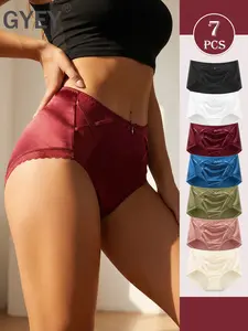 7 Pack Women's Satin Underwear, Womenswear, Lace Trim and Floral Lace Patchwork, Comfortable Mid-Rise Breathable Seamless Fit Panties, Perfect for Daily and Special Occasions in Multiple Colors