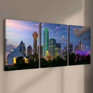 Dallas City Night Poster Set, Modern Art Canvas Prints, Solid Wood Frame, Modern Home Decor, Waterproof Wall Decor for Living Room & Bedroom