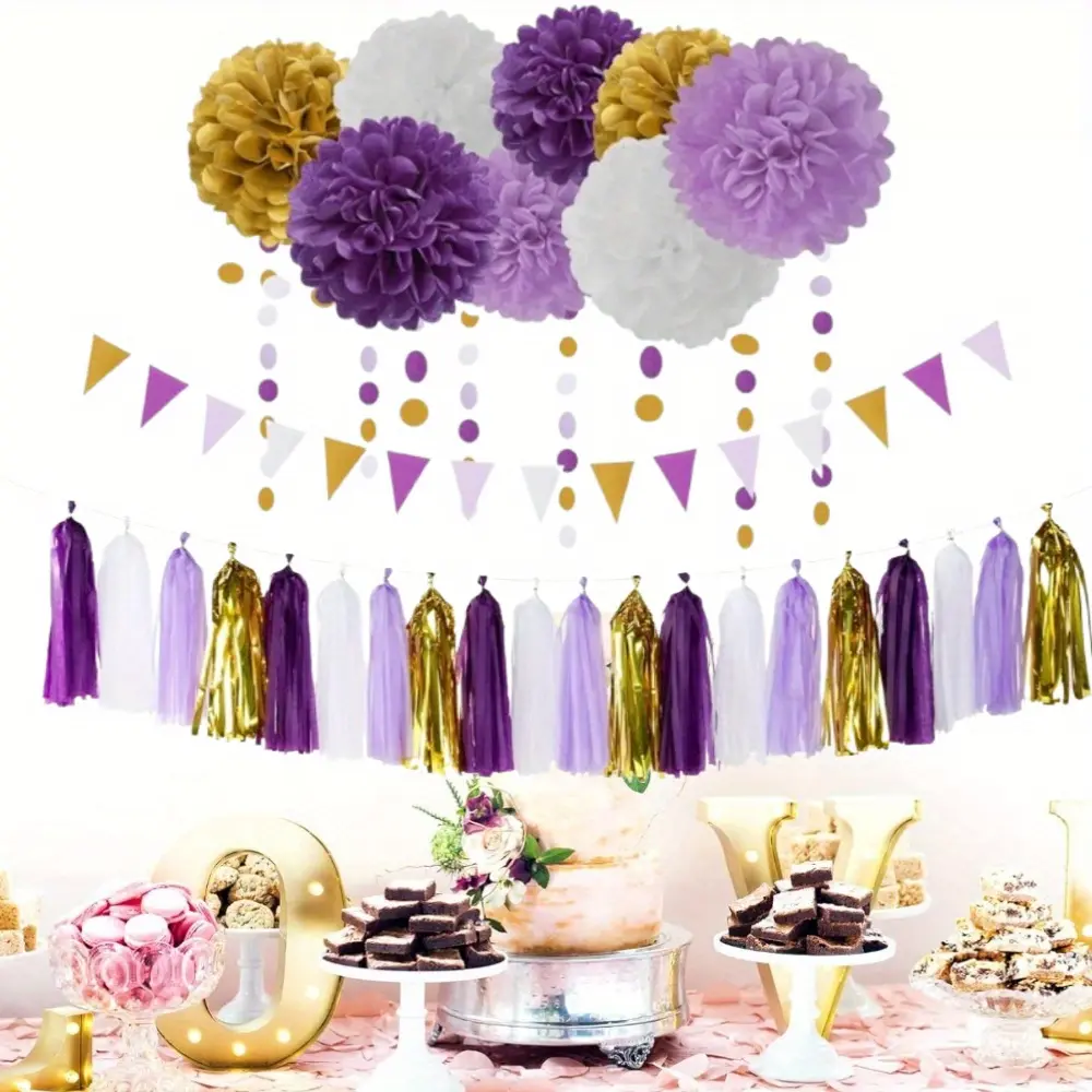 30pcs set Decorations Kits Lavender White Paper Flowers,Banner Flags,Tassel Streamer Garland Engagement Girl Bridal Shower Party  Graduation Decoration Lasting Surprise
