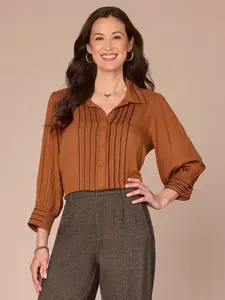 Three Quarter Sleeve Collared Button Down Scallop Edge Woven Shirt