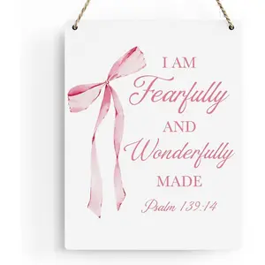 Pink Bow Bible Verse Wall Decor, Christian Gifts for Women, Inspirational Psalm 139:14 Sign for Bedroom Dorm Office, Faith Gift for Graduation Decoration Religious