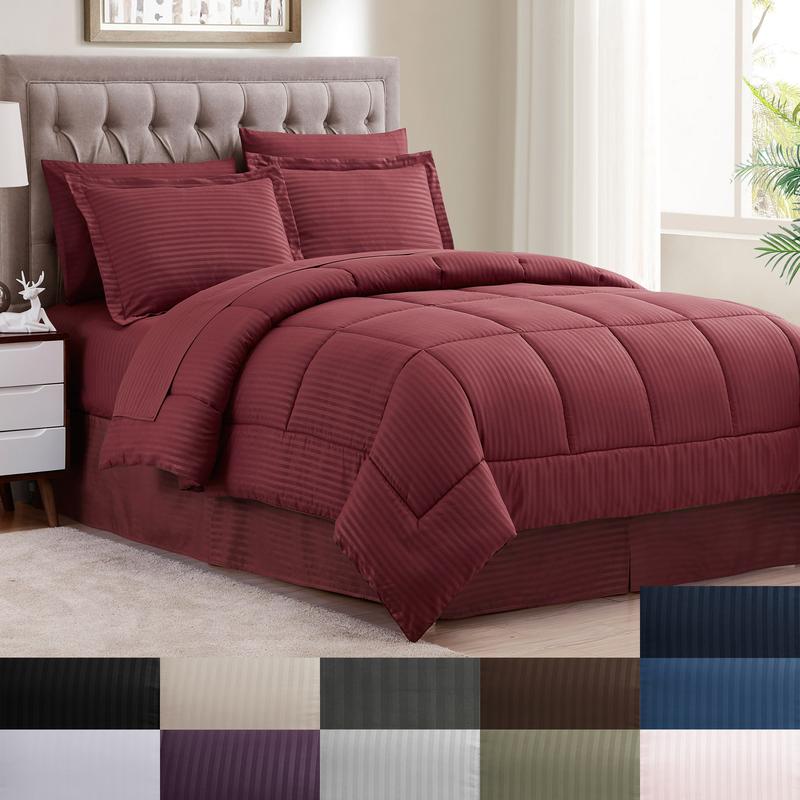 8 Piece Bed In A Bag Hotel Dobby Embossed Comforter Sheet Bed Skirt Sham Set Microfiber Hypoallergenic Twin Queen King Sizes