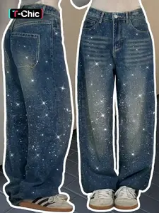 Women's Y2K Vintage Style Water-Washed Denim Jeans with Rhinestone Detail, Casual Fitted Long Pants for All Seasons, Stylish Button Fly Design Womenswear Streetwear