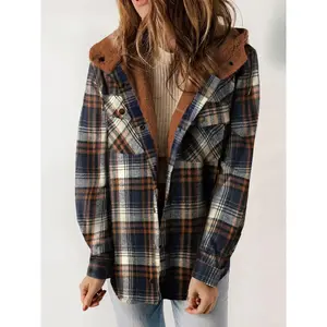 Women's plaid/houndstooth print front-button hooded jacket, autumn and winter casual long-sleeve pocket jacket, women's daily outerwear, women's clothing, plaid jacket  - recommend sizing up