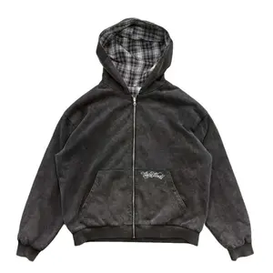 Vintage Washed Zip-Up Hoodie for Men, Oversized Streetwear Jacket, Retro Casual Hooded Coat