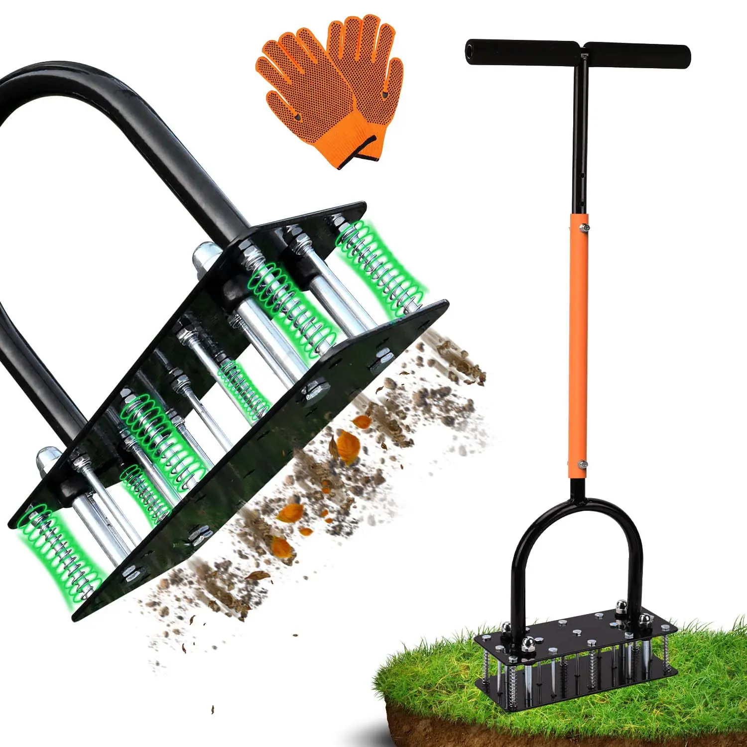 Lawn Aerator, Automatic Dirt and Leaf Clean Design, Heavy Duty Manual Lawn Aerator Tool with 17 Iron Spikes, Height Adjustable, Yard Grass Aerator for Lawn