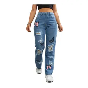 DUTUT Women's Fashion Denim Trousers with Butterfly Printed Torn Hole Cut High Waist Comfortable Fit Spring Summer Bottoms