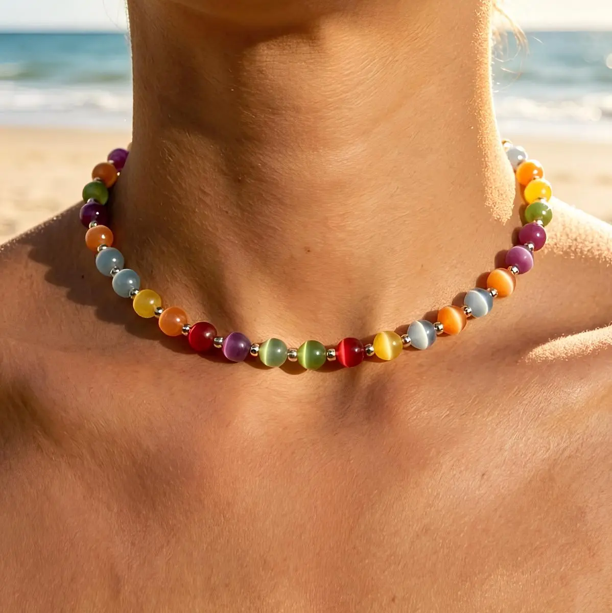 Dopamine Rainbow Beaded Choker Bracelet Anklet - UV Reactive Waterproof Stainless Steel Adjustable, Summer Costume Accessory for Women Girls