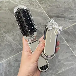 Portable Mini Folding Hair Styling Comb with Built-In Mirror, Compact Massage Cushion Brush for Women, Travel-Friendly Beauty Tool, Hair Care Comb, Grooming Comb