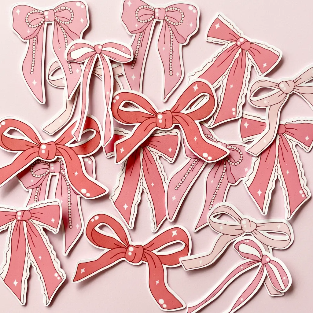 Pink Bows Sticker Pack, Coquette Soft Girl Aesthetic, 17 PCs Pink Ribbon Stickers