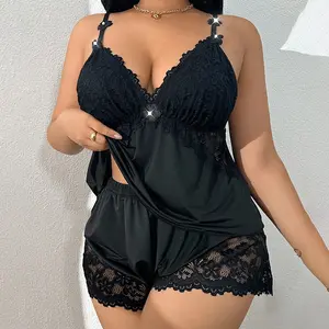 AVTKV Plus Size Women's Sexy Lace Satin Pajama Set, Pajama Set with Two Pieces - Halter-Style Shorts Set for Gentle Home Wear outdoorfun