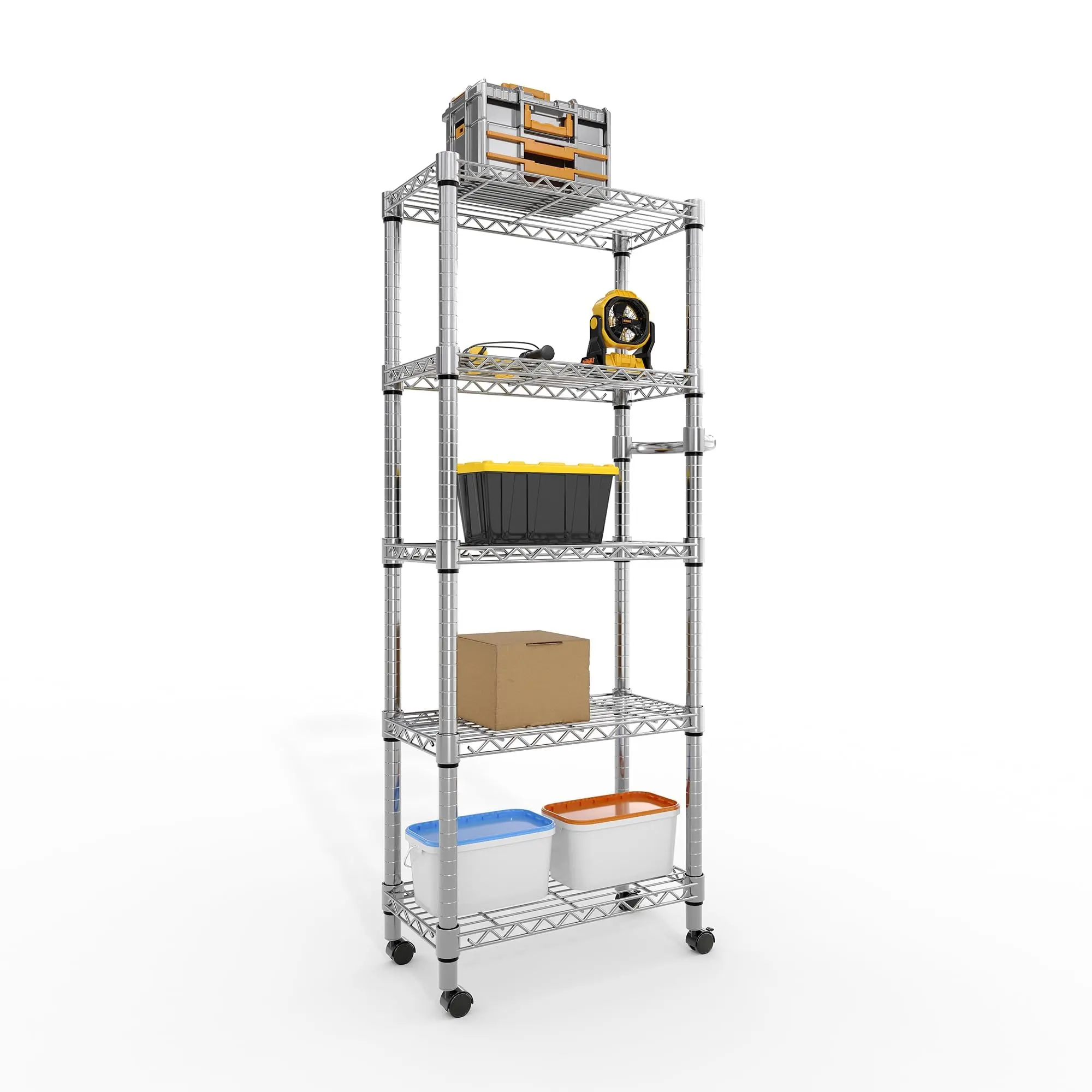 Garvee Heavy Duty 5-Tier Metal Display Shelf – Lockable Wheels, 1100 LBS Capacity, Adjustable Wire Rack for Retail, Kitchen, Garage, or Pantry Organization