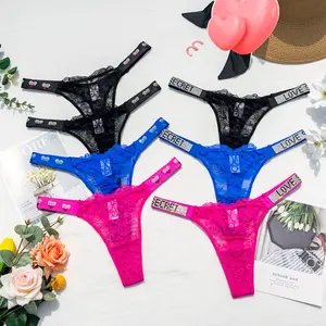 New Women's Panties Rhinestone Lingerie Lace Female Underwear Low Rise Thongs Letter Diamonds Sexy T Back Briefs