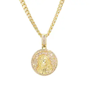 VOGCOME Iced Out Jesus Coin Pendant Chain Necklace for Men Women 14K Gold Plated Cuban Link  Hip Hop Jewelry 3D Relief Detail