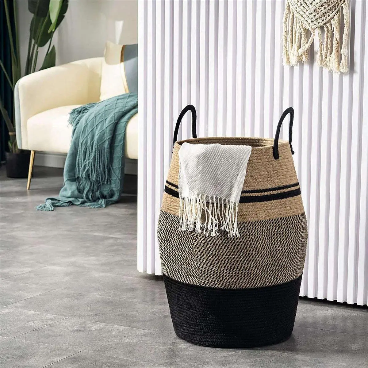 105L Woven-Look Collapsible Cotton Rope Laundry Basket with Handles, Home Organizer for Bedroom, Bathroom (Home Supplies)