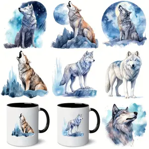 7 Adorable Wolves, Woodland Animals, Little Wolf, Wolf Pack, Forest Animal UV DTF Transfer Paper - PVC Waterproof Self-Adhesive with Crystal Decoration, Suitable for Cups, Bottles, Laptops, Phone Cases, Walls - Smooth Surface, Rectangular Shape -