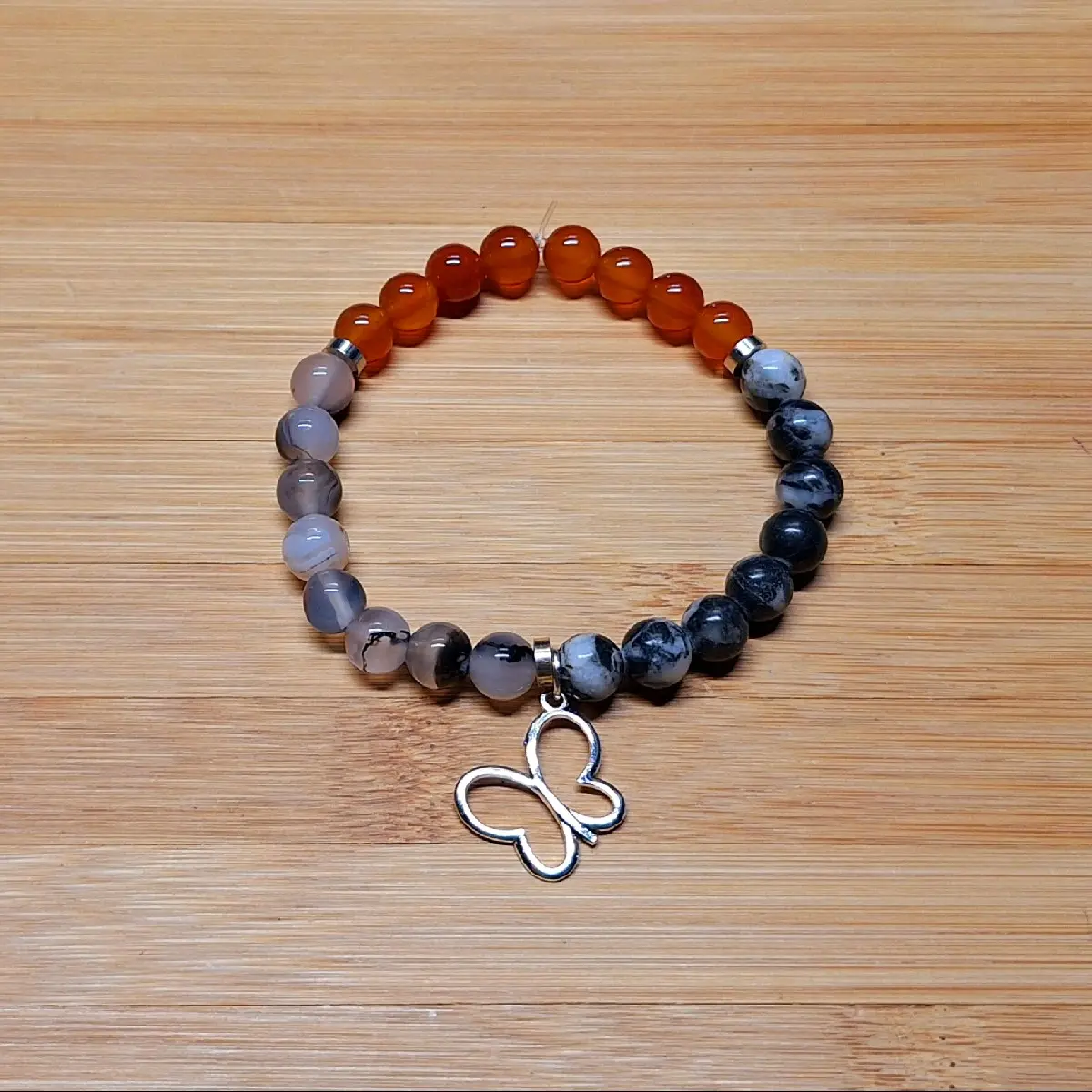 Carnelian/Gray Agate/Black Zebra Jasper Crystal Bead Stretch Bracelet (8mm)