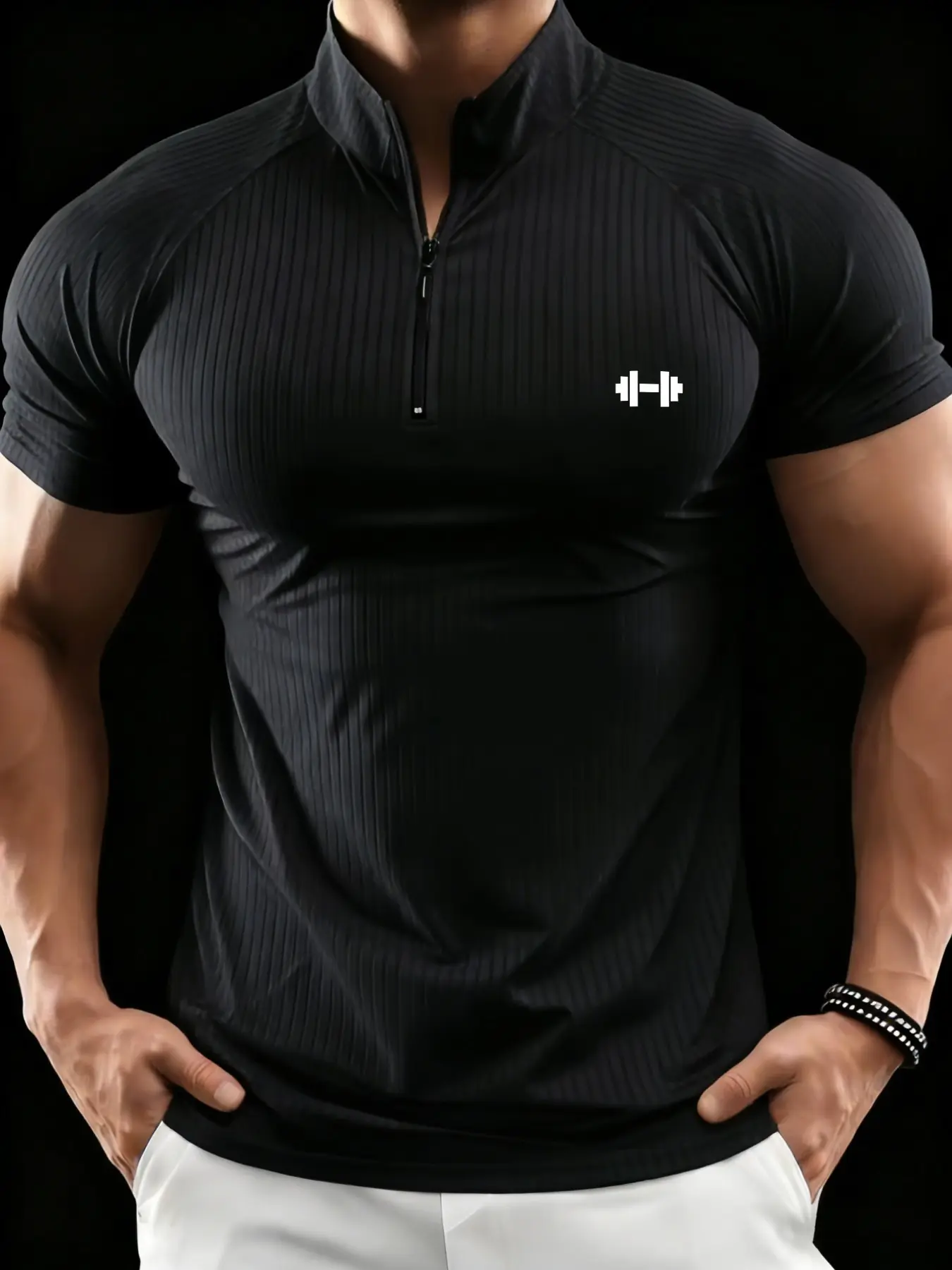 Men's European Style Stand Collar Half Zipper Sports T-Shirt, Print Design, High Elasticity Quick-Dry Breathable Fabric, Ideal for Gym Training, Gym Tees, Dry Fit Activewear, Athletic Top, Dry Fit Shirts, Active Tops