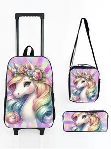 17-inch Trolley Backpack 3-Piece Set with Unicorn Pony Print