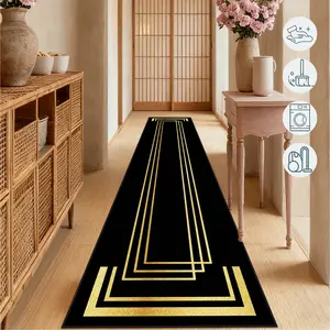 Modern Gold Geometric Pattern Long Runner Rug, Washable Hallway Mat, Durable Bedroom Footstool Decor, Indoor Corridor Decoration, Indoor Floor Rug, Household Decorative Rug