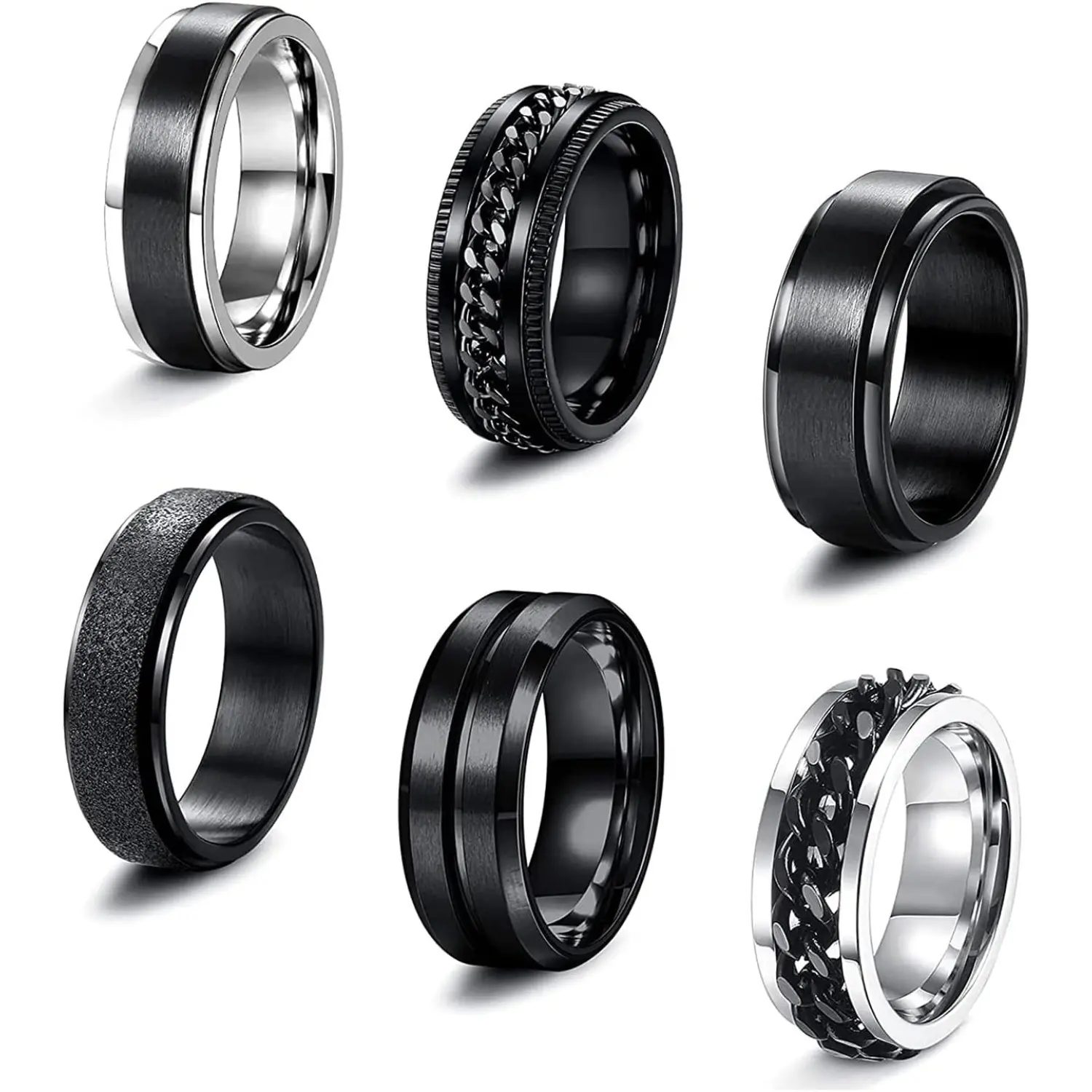 FUNRUN 6 Pcs Black Spinner Rings for Men & Women – Stainless Steel Fidget Rings Stress Relief Cool Fashion Rings Wedding/Promise Bands Sizes 8/9/10/12/13 DealsForYouDays