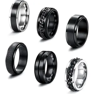 6 Pcs Black Spinner Rings for Men & Women – Stainless Steel Fidget Rings Stress Relief Cool Fashion Rings Wedding/Promise Bands Sizes 8/9/10/12/13