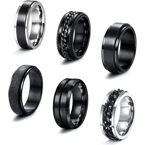 FUNRUN 6 Pcs Black Spinner Rings for Men & Women – Stainless Steel Fidget Rings Stress Relief Cool Fashion Rings Wedding/Promise Bands Sizes 8/9/10/12/13