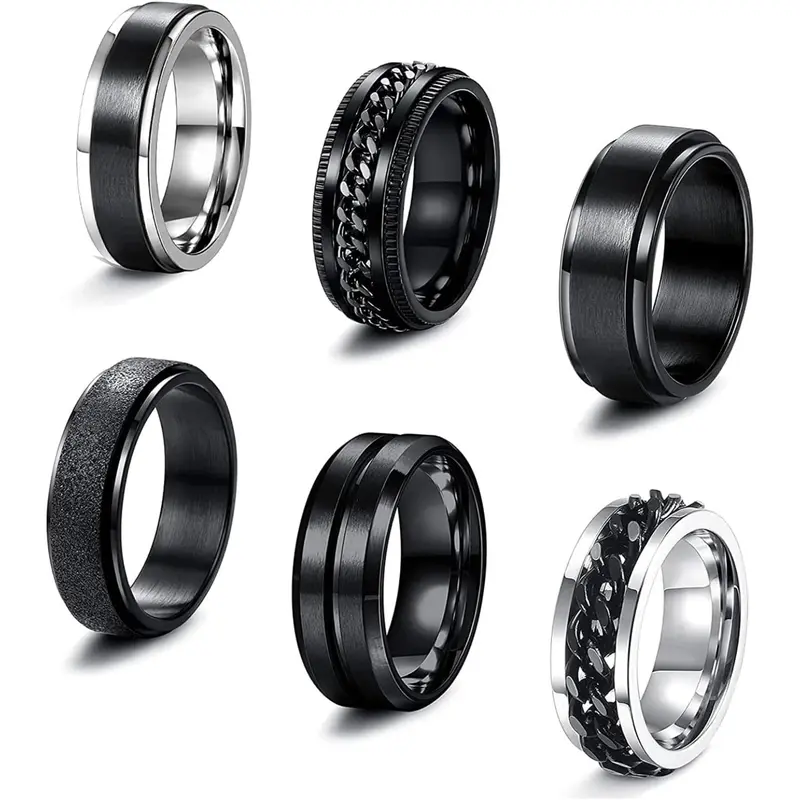 FUNRUN 6 Pcs Black Spinner Rings for Men & Women – Stainless Steel Fidget Rings Stress Relief Cool Fashion Rings Wedding/Promise Bands Sizes 8/9/10/12/13