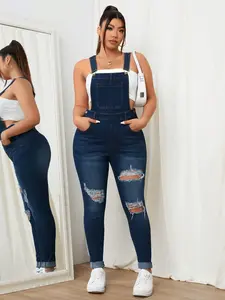 Plus Size Women's Sweet Cool Style Dark Denim Overall, Ripped Design Loose Fit Slimming, Versatile Daily Casual Home Wear Essential
