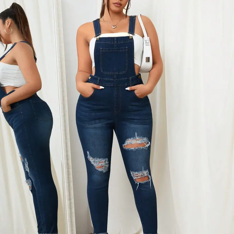 Plus Size Sweet & Edgy Women's Dark Denim Jeans Bib Overall, Ripped Design, Slimming, Fit, Versatile Daily Casual Home Wear, Adjustable