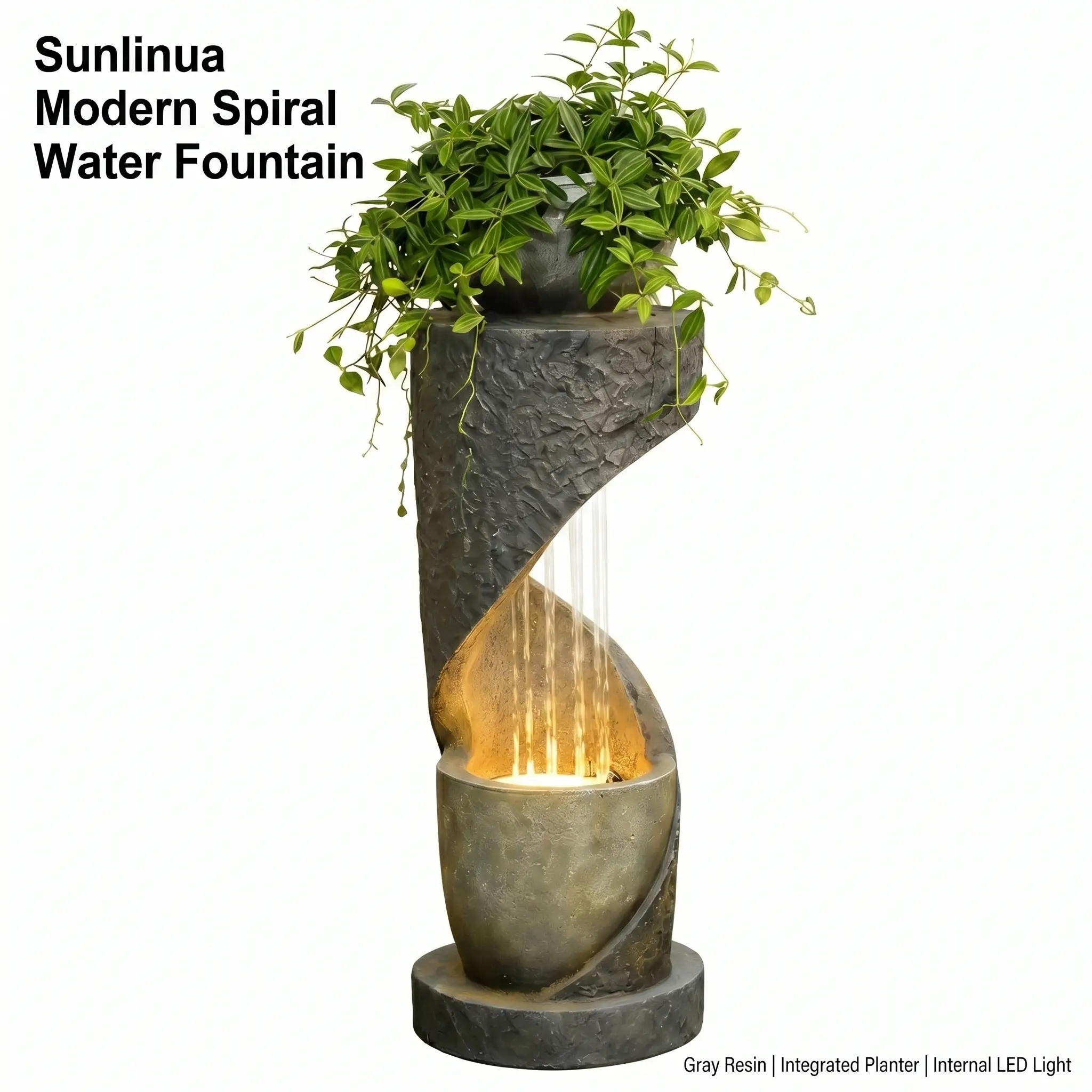 Sunlinua Resin LED Lighted Outdoor Water Fountain, Modern Curved Spiral Tiered Freestanding Waterfall with Stone Planter for Garden, Patio, Led Lighted Fountain