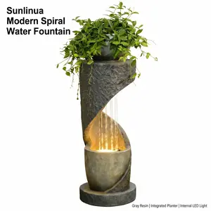Sunlinua Outdoor Water Fountain with LED Light, Modern Spiral Tiered Outdoor Fountain with Stone Planter Curved Freestanding Waterfall Fountains for Garden Patio Deck Porch