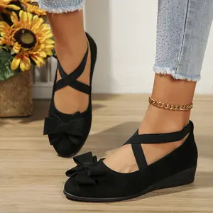 Women's Suede Wedge Shoes Slip Ons with Bow Detail and Elastic Strap for Comfort All Day Casual Chic Outfits Spring Fall Footwear